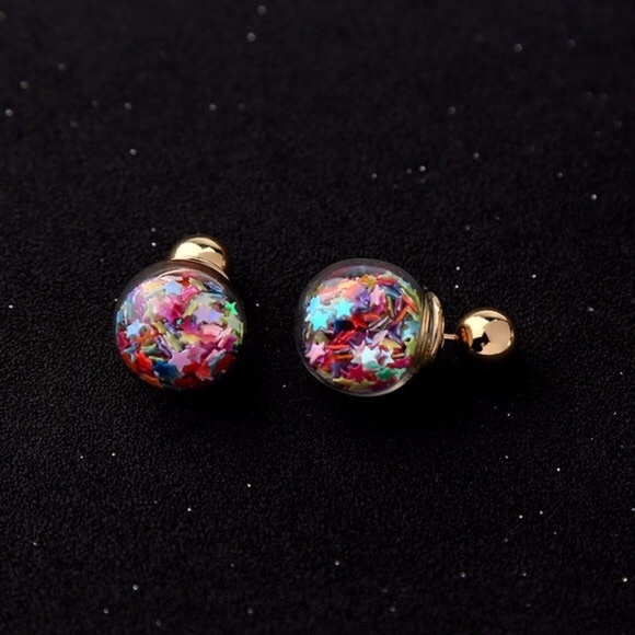 Jewelry - Colored Stars Front Back Gold Ball Earrings